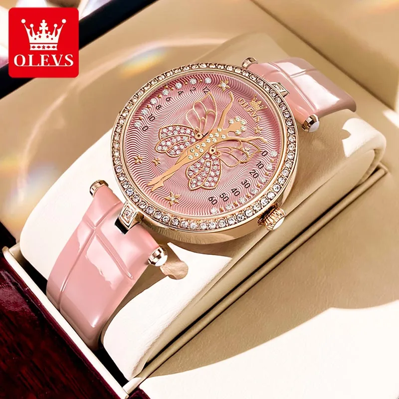OLEVS Quartz Womens Watches New Leather Watch Luxury Diamond Set Case Casual Butterfly Dial Design 30M Waterproof Ladies Clock