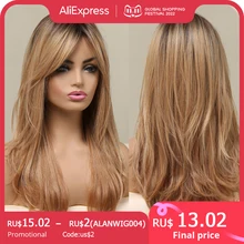 ALAN EATON Long Natural Wave Wig for Women Ombre Black Brown Golden Blonde Synthetic Wigs with Bangs Cosplay Heat Resistant Hair