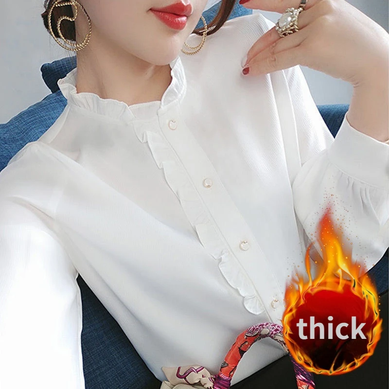 Осенне-зимняя однотонная флисовая блузка корейская мода элегантная рубашка для