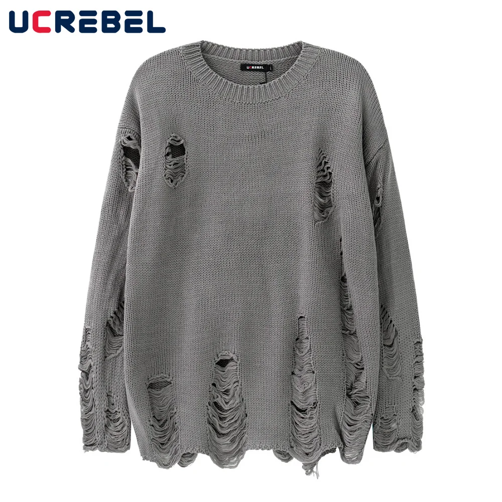 

Solid Color Pullover Mens Autumn Winter Loose Ripped Hole Knitted Sweater Streetwear Round Neck Long Sleeve Sweater Men