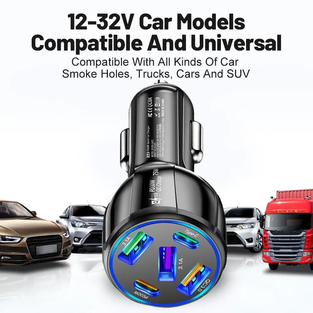 

Автомобильное зарядное устройство PD QC3.0 с 5 USB-портами, 75 Вт