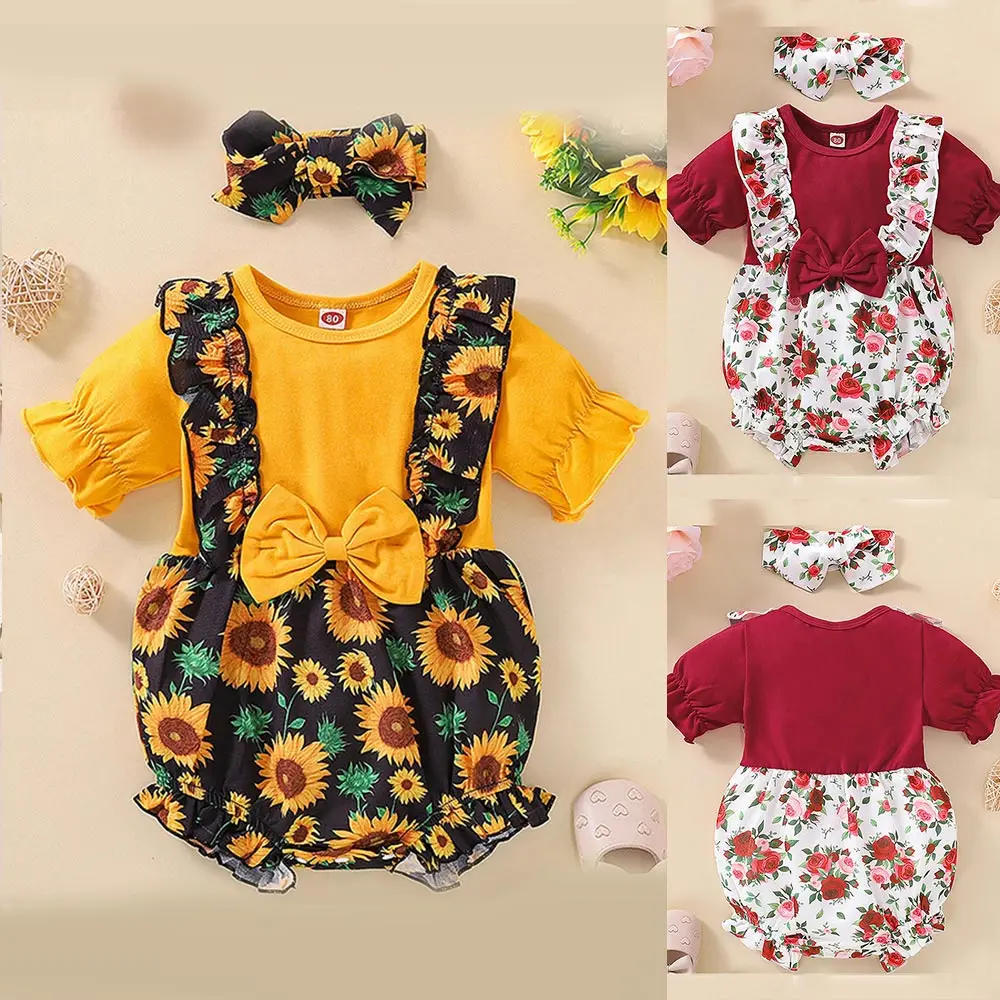 

Floral Printed Newborn Girl Clothing Set Summer Short Sleeve Patchwork Toddler Baby Girl Outfits With Headband