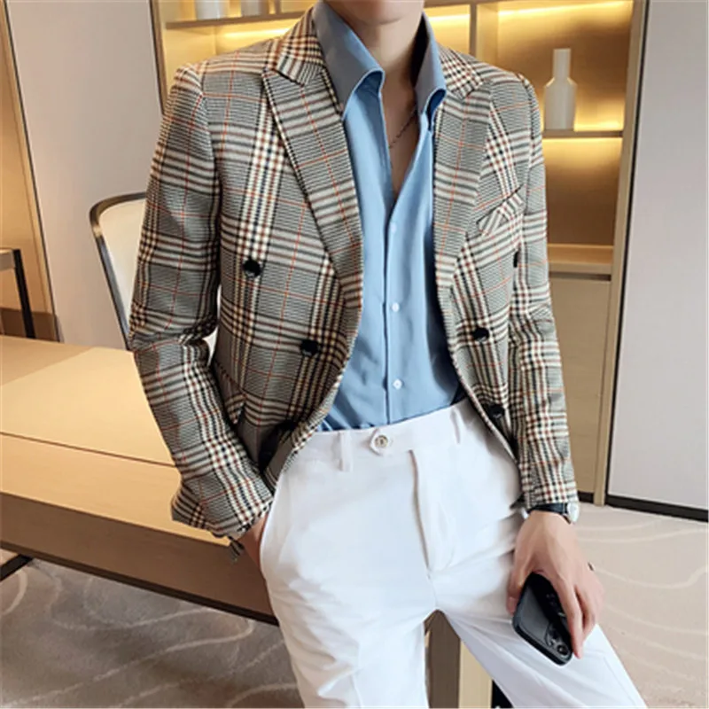 

Элегантный двубортный костюм, мужской Клетчатый формальный Блейзер 5XL с длинным рукавом, мужской костюм, костюм, Блейзер, приталенный, Корейская мужская одежда 2023