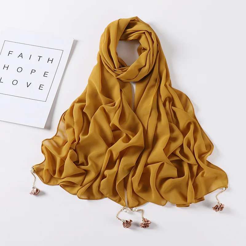 Повседневный шарф с жемчугом и цветком шейный платок шали Tudung Bawal тюрбан повязки