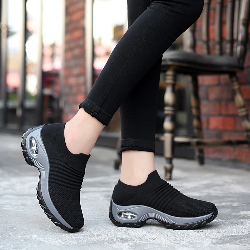 Casual Womens Running Shoes Air Cushion Lightweight Tenis Trainers Breathable Comfortable Increasing Height Slip on Sports