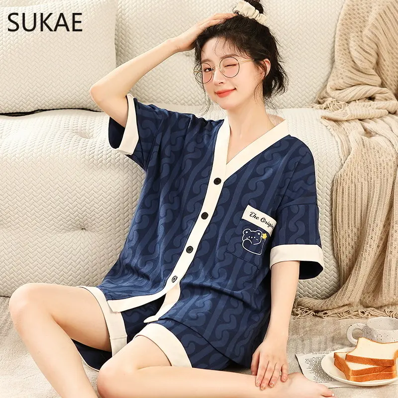 SUKAE M-5XL Japanese Kimono Style Sleepwear Womens Cardigan Summer Shorts Cotton Homsuits Lady 2 Pieces V-neck Lounge Nightwear