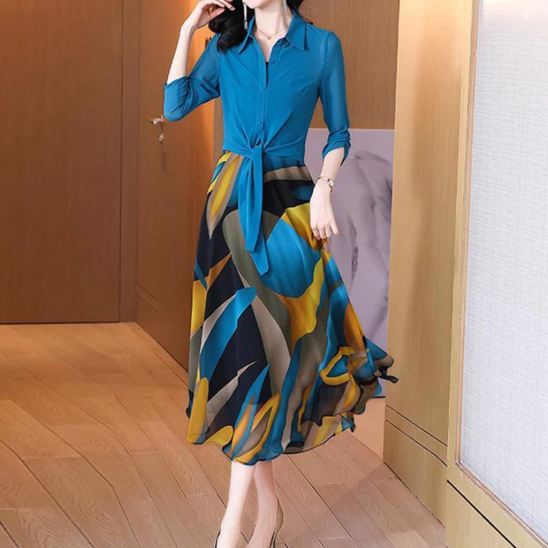 

Elegant Fashion Printing Two Piece Set Chiffon Dresses Summer Autumn 2022 Half Sleeve Polo-Neck Slim Midi Dress Women's Clothing