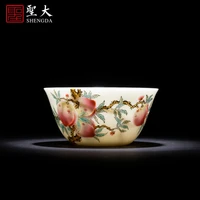 hand painted ceramic kungfu pastel peach lines cylinder cup cup sample tea cup manual of jingdezhen tea service master