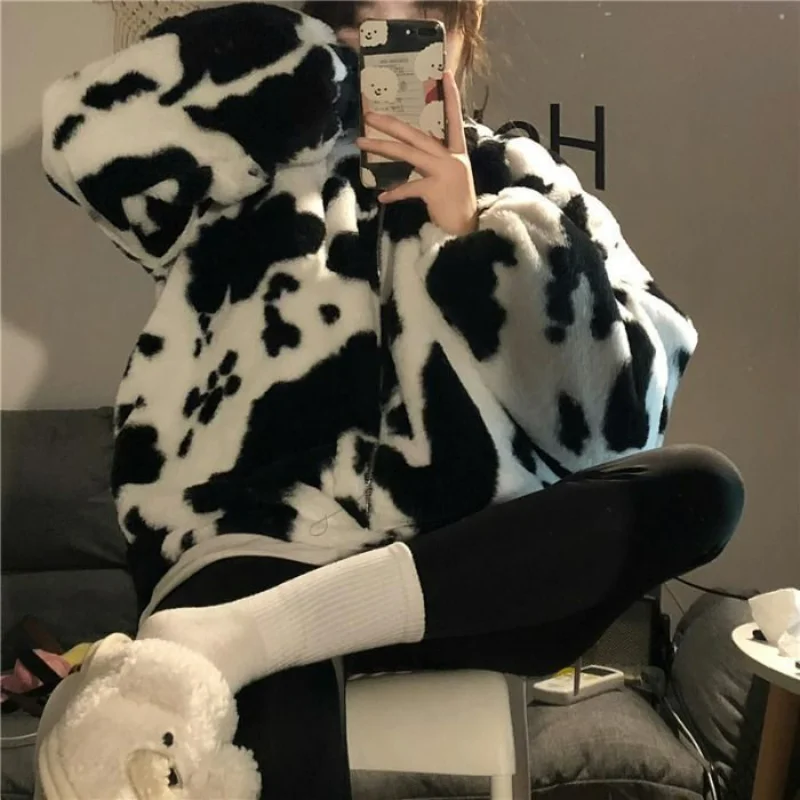 

Coat for Women 2023 New Autumn and Winter Thick Cow Print Coat Women Korean Loose Fleece Warm Jacket for Women