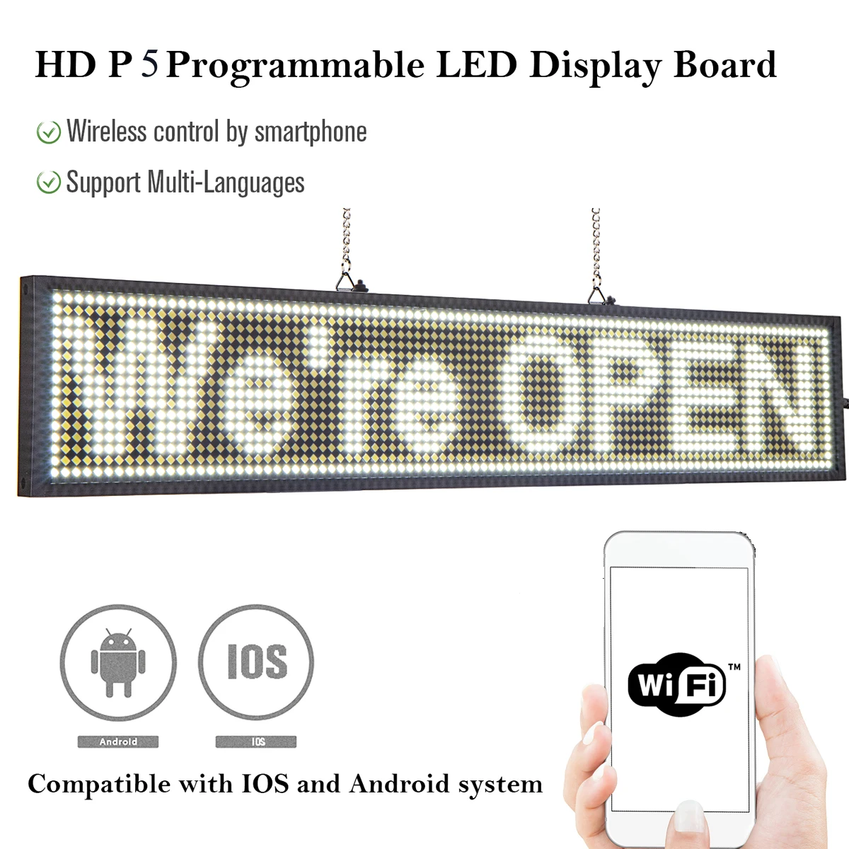 P5 Led Display Screen Panels Advertising Led Screen Indoor WiFi Programmable White Text with Chain for Hanging Ultra-thin