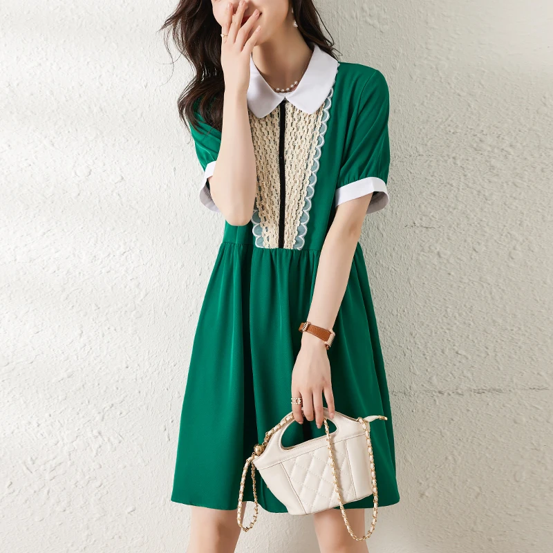 # 8026 Зеленое черное короткое платье трапециевидной формы с воротником Питера