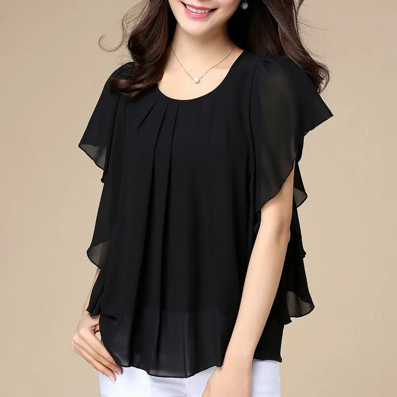 

5XL Chiffon Shirt Women's New Loose Solid Color Mother Shirt O Neck Short Sleeve Bottoming Blouse Blusas M-5XL