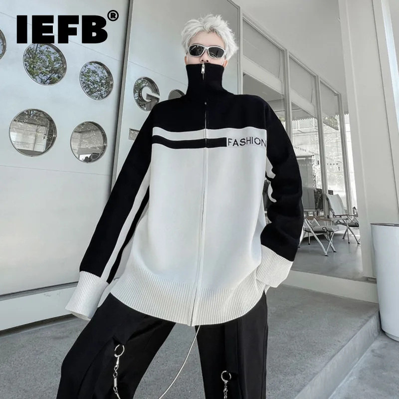

Мужской трикотажный кардиган на молнии IEFB, жаккардовый свитер контрастных цветов с надписью, Корейская куртка для осени и зимы, 9A6166, 2023