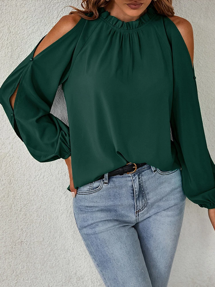 

Spring Off Shoulder Chiffon Blouses Women Stand Collar Ruffle Green Tops Fashion Women's Clothing Long Sleeve Lady Shirts 24406