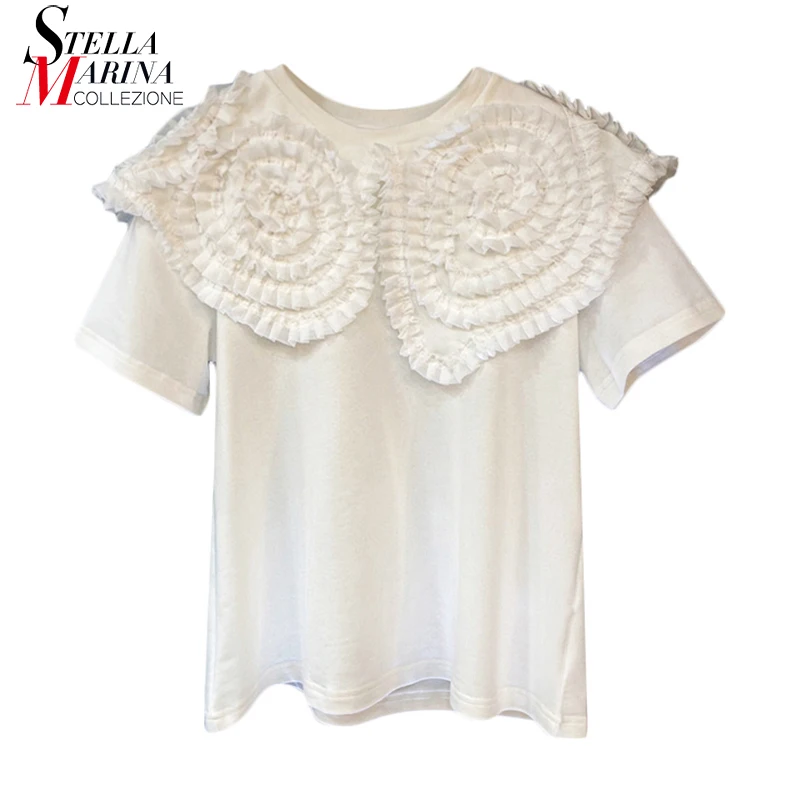 

New Woman Korean Style Summer Casual Clothing Solid White Pullover Tee Top Ruffles Applique Girls Unique Cute Wear T-shirt RE007