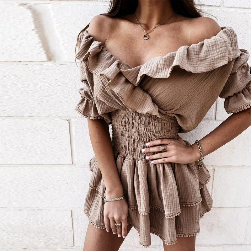 

Elegant Ruffle Summer V Neck Off Shoulder Mini Dress Short Sleeve Party Dress Fashion Solid Elastic Waist Slim Dresses Vestidos