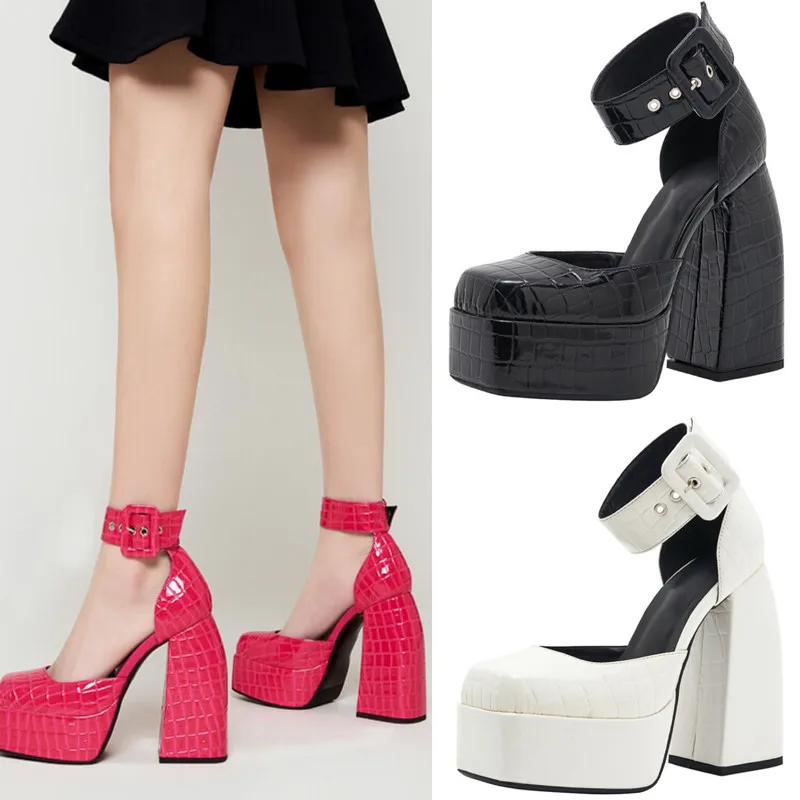 

Женские сандалии на толстой подошве, розово-Красные босоножки в римском стиле с квадратным носком, на высоком каблуке, с пряжкой, размер 43, д...