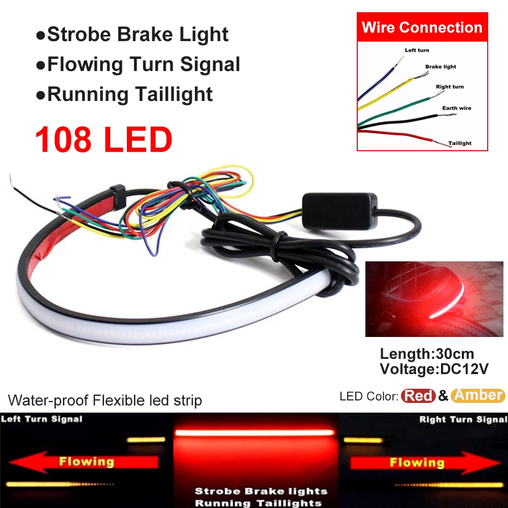 

30cm Motorcycle Tailligh 100% Brand New High Quality Motorcycle Flowing DC12V 108 LED Tail Brake Turn Signal Strip Lights