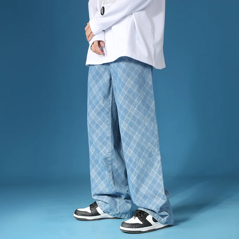 Original Retro Jacquard Plaid Casual Versatile Straight Loose Jeans Men's Brand Clothing Trousers Couple Pants Trend Streetwear