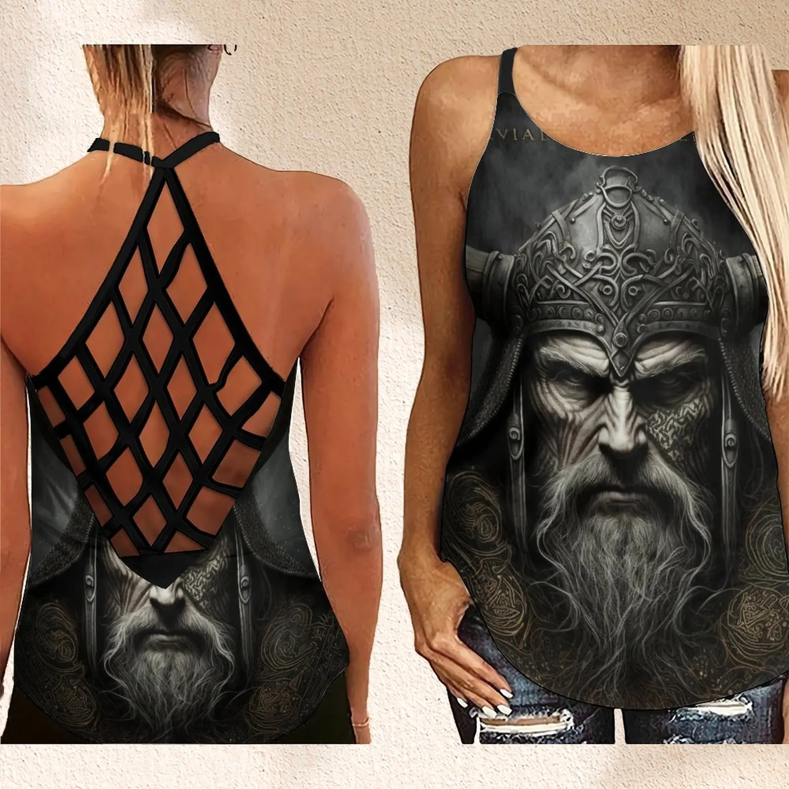 Женский топ с открытой спиной и перекрещивающимися крестиками, топ Vahalla Vikings Goth в скандинавском стиле, Северная мифология, Художественная печать, топ для йоги