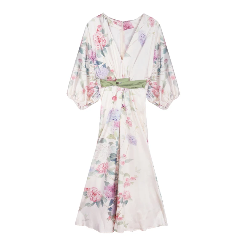 

2022 French satin seven-point sleeve floral V-neck dress women's summer temperament waist slim long one-step skirt Japanese