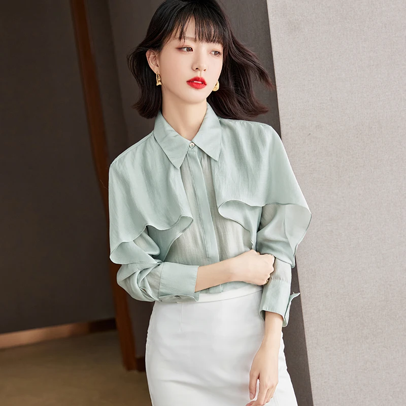 

Однотонная рубашка для женщин, Новинка лета 2023, блузки с оборками, Модный облегающий корейский Топ с длинным рукавом и отложным воротником, повседневная одежда