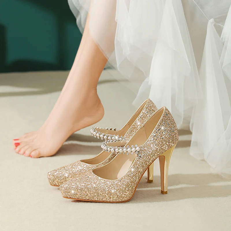 Sequin Wedding Shoes Women New Style Bride Dress Shoes Pearl Ankle Strap Hight Stiletto Heels Glass Slipper Golden High Grade