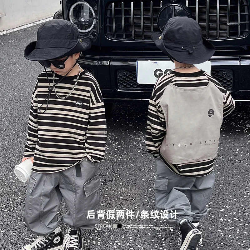 

Детская футболка, новинка 2023, модный весенне-осенний детский топ в Корейском стиле с имитацией двух предметов, повседневный Простой Топ в полоску с длинным рукавом для мальчиков