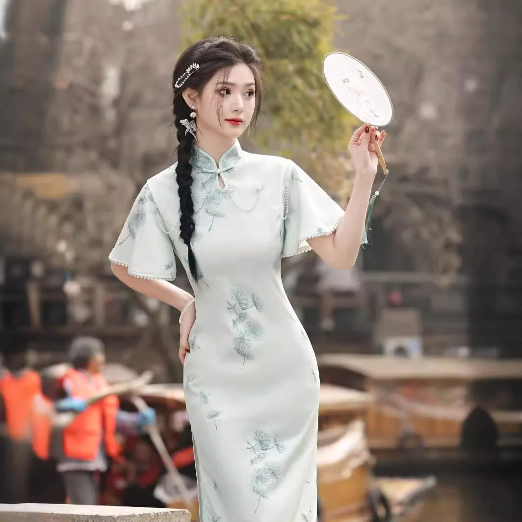 Новинка на весну и лето повседневное китайское платье Qipao с кружевной вышивкой