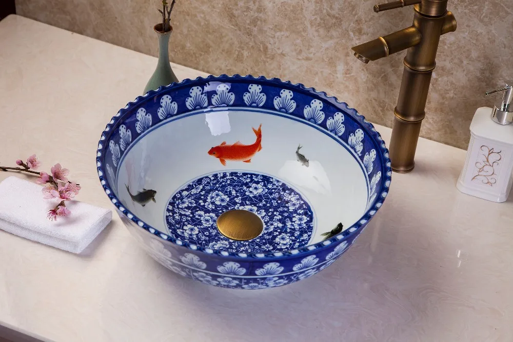 

Decor Porcelain Wash Basin Ceramic Countertop Bathroom Sink bowl bathroom sink ceramic wash basin blue and white fish pattern