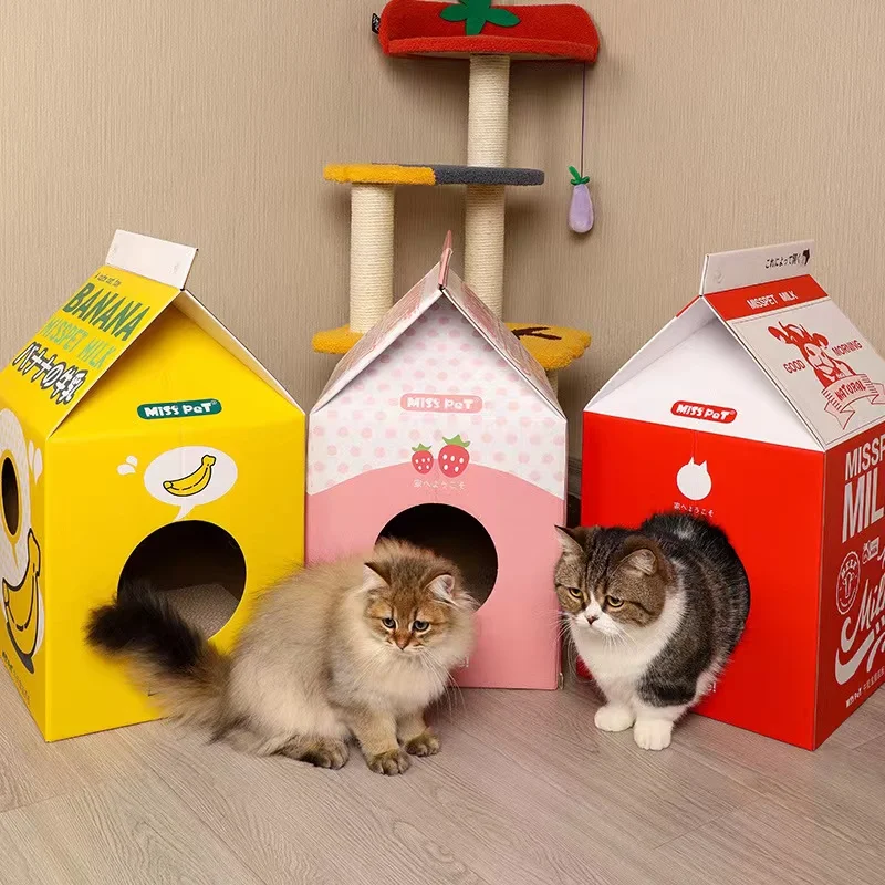

2 In 1 Pet Cat Milk Carton Scratching Board Corrugated Cat Claws Care Bed House Closed Cat Kitty Nest Carton Box Toy Accessories