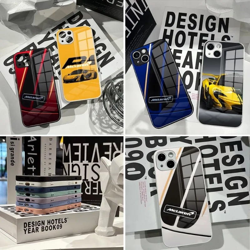 

Роскошный спортивный автомобильный чехол для телефона McLaren 2023 для IPhone 14Pro 13 11 12 XR XS MAX 7/8 X Plus 13 черно-белые стеклянные Чехлы для пар
