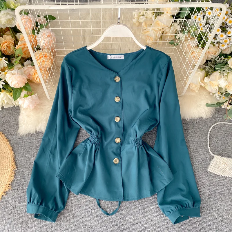 

2022 Spring New Solid Chiffon Shirt Women All-match V-neck Ruffled Silky Smooth Temperament Tie Waist Slim Lotus Leaf Hem Tops
