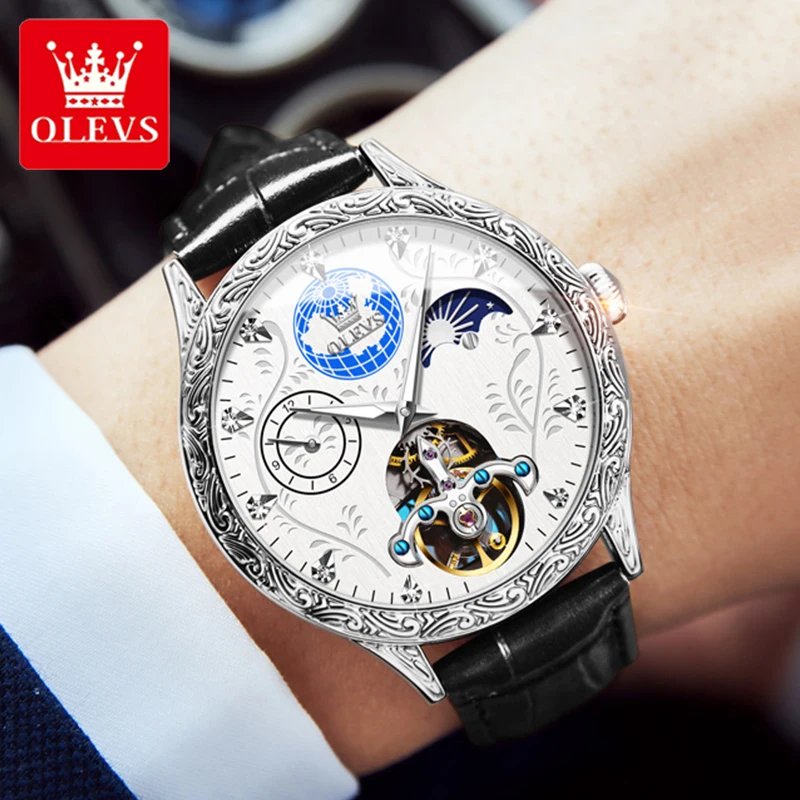 

OLEVS New Top Brand Men's Mechanical Watches 30M Waterproof Leather Strap Luxury Men Wristwatch Fashion Luminous Pointer Clock