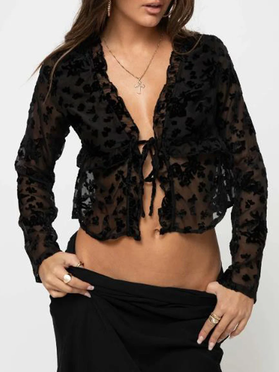 

Women Sexy See Through Lace Cardigan Sexy Tie Halter Front V Neck Shirt Mesh Sheer 90s Going Out Crop Tops