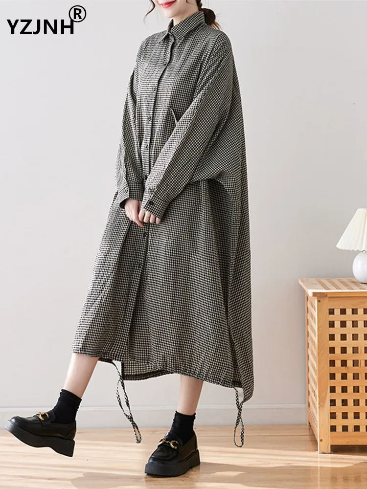 

YZJNH 2023 весеннее и осеннее платье женское оригинальное дизайнерское клетчатое длинное платье-рубашка на шнуровке с длинным рукавом женское большое
