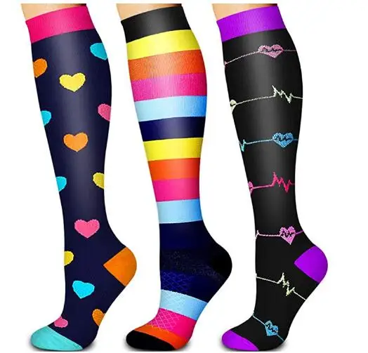 

3 пары женских спортивных компрессионных чулок до колена, цветные высококачественные уличные носки выше колена с рисунком