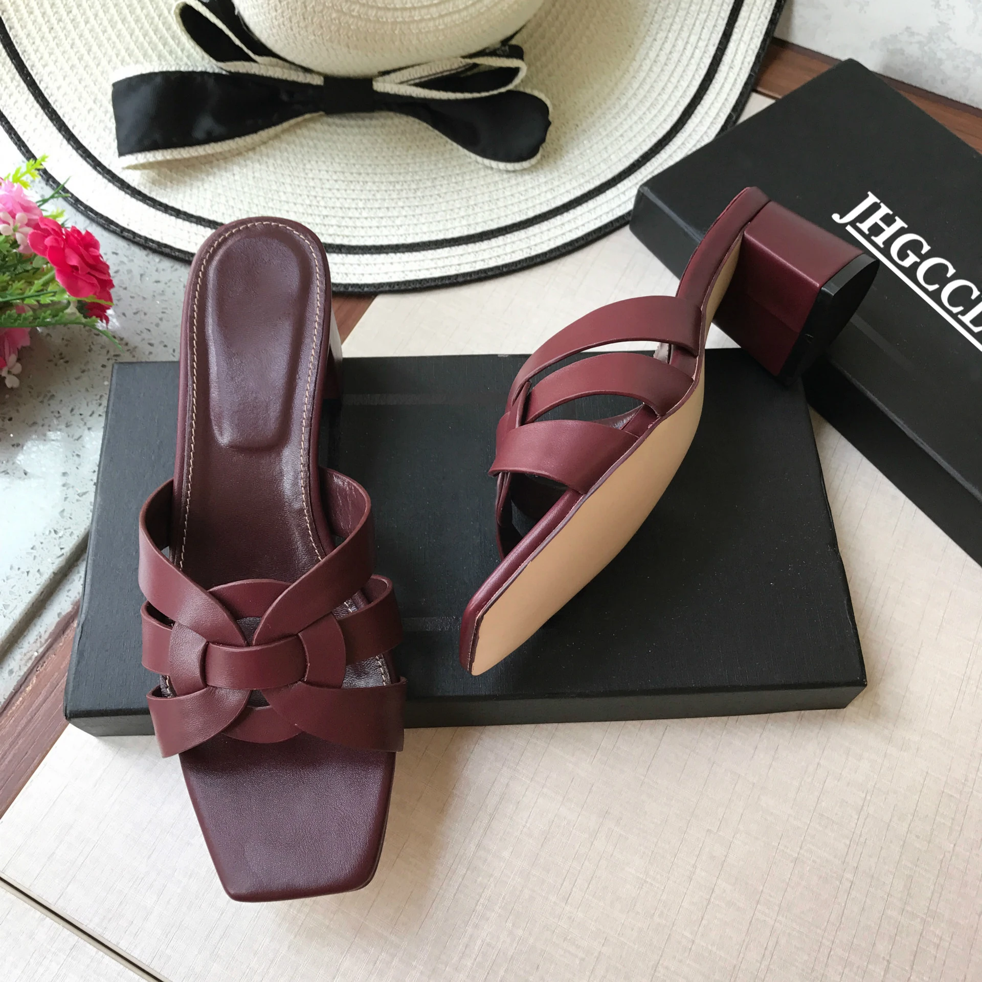 

Женские шлепанцы на высоком каблуке, пляжная обувь, дизайнерские сандалии, повседневные Роскошные тапки, T41