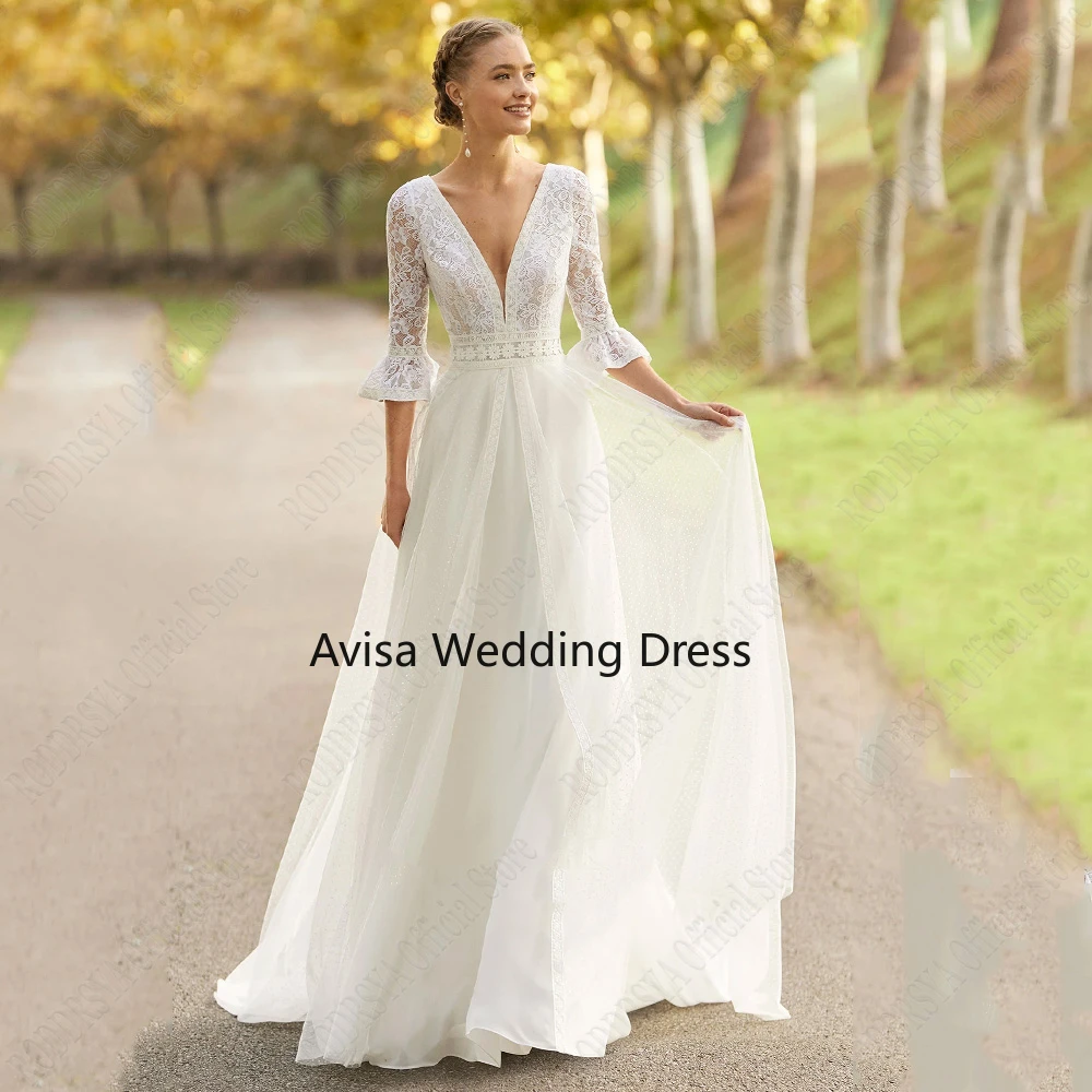 

RODDRSYA Classic Wedding Dresses For Woman 3/4 Sleeves V-Neck Zipper Backless Bride Gowns Lace A-Line Elegant Vestidos De Novia