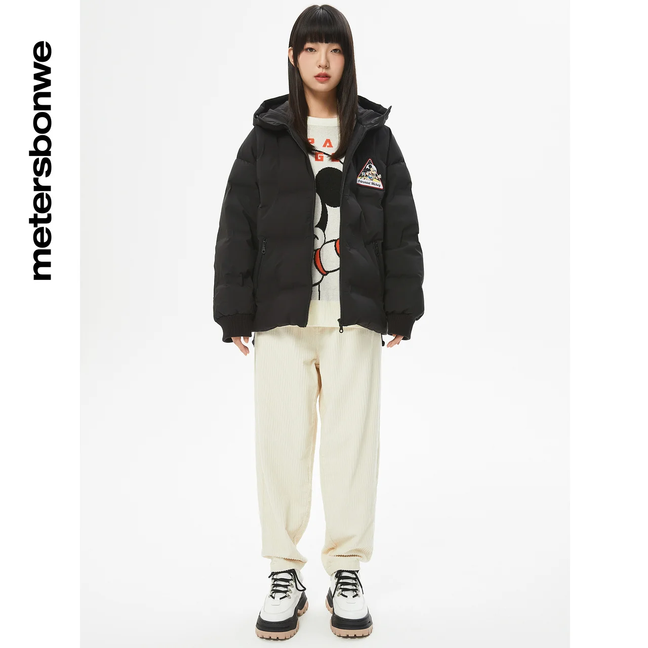 Women's Cartoon Printed Direct Filling Fabric Down Jacket Stand Collar Hooded Short Winter Warm Wear Loose Youth Fashion Outwear