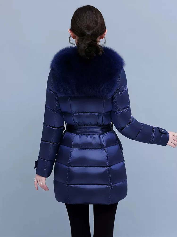 New Women Fur Down Jacket Winter Fashion Luxurious Real Fox Fur Collar Thicken Warm Medium Long Belt Slim Puff Down Coat Female
