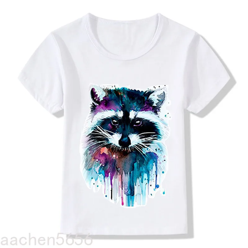 Children Watercolor Raccoon Design Funny T-shirt Kids Summer Cute Clothes Boys and Girls Comfortable Top,Drop Ship