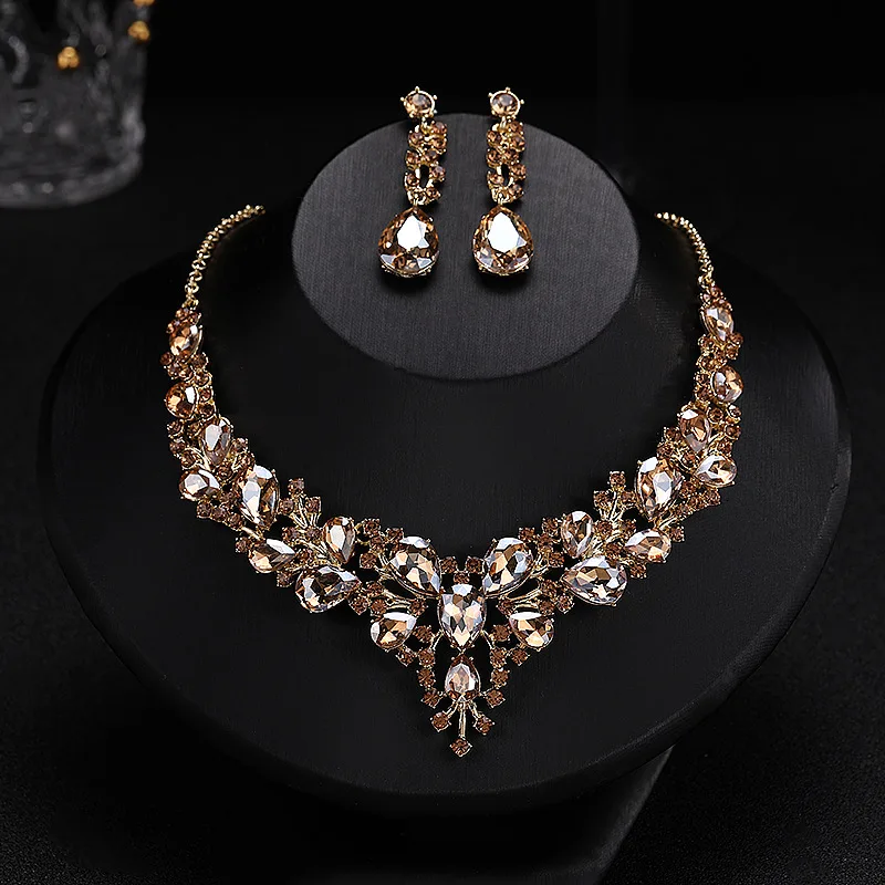 

Classic Bridal Jewellery Sets for Women's Dresses Accessories Cubic Necklace Earrings Set Gold Color Wedding Dresses