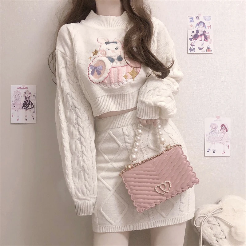 

Женский вязаный свитер, комплект из 2 предметов, белый милый топ и мини-юбка, теплая Милая повседневная одежда для девушек, модная офисная одежда в Корейском стиле