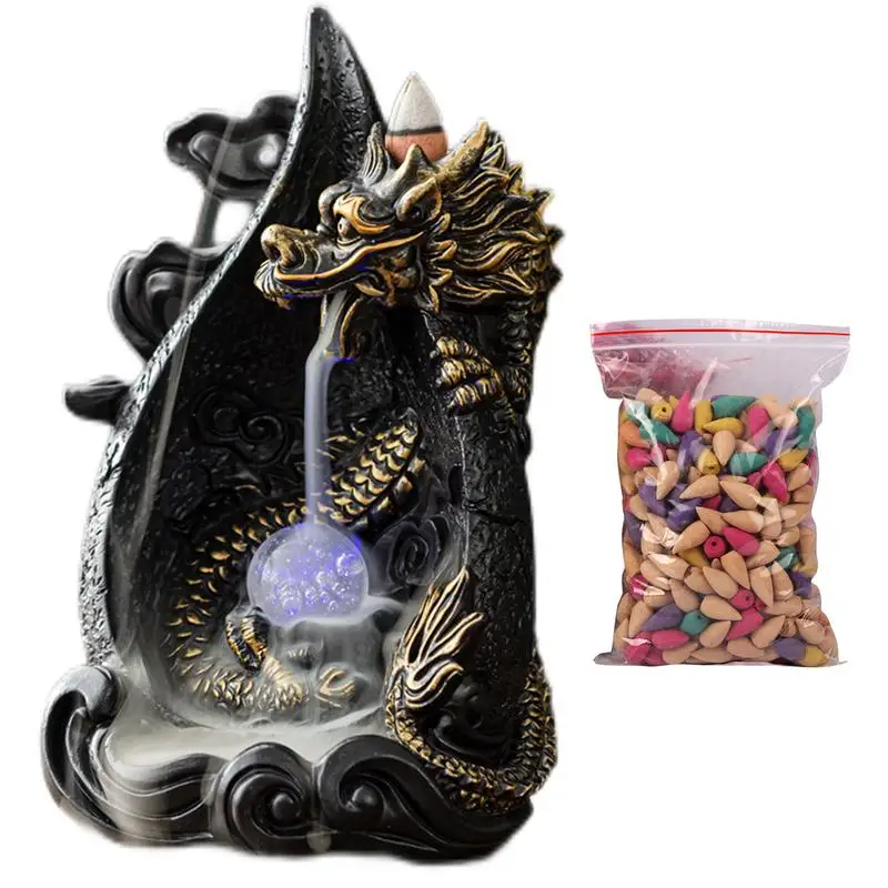 

Dragon Backflow Incense Waterfall Burner Aromatherapy Colorful LED Beads Flash Incense Holder 40 Cones Stress Anxiety Reliever