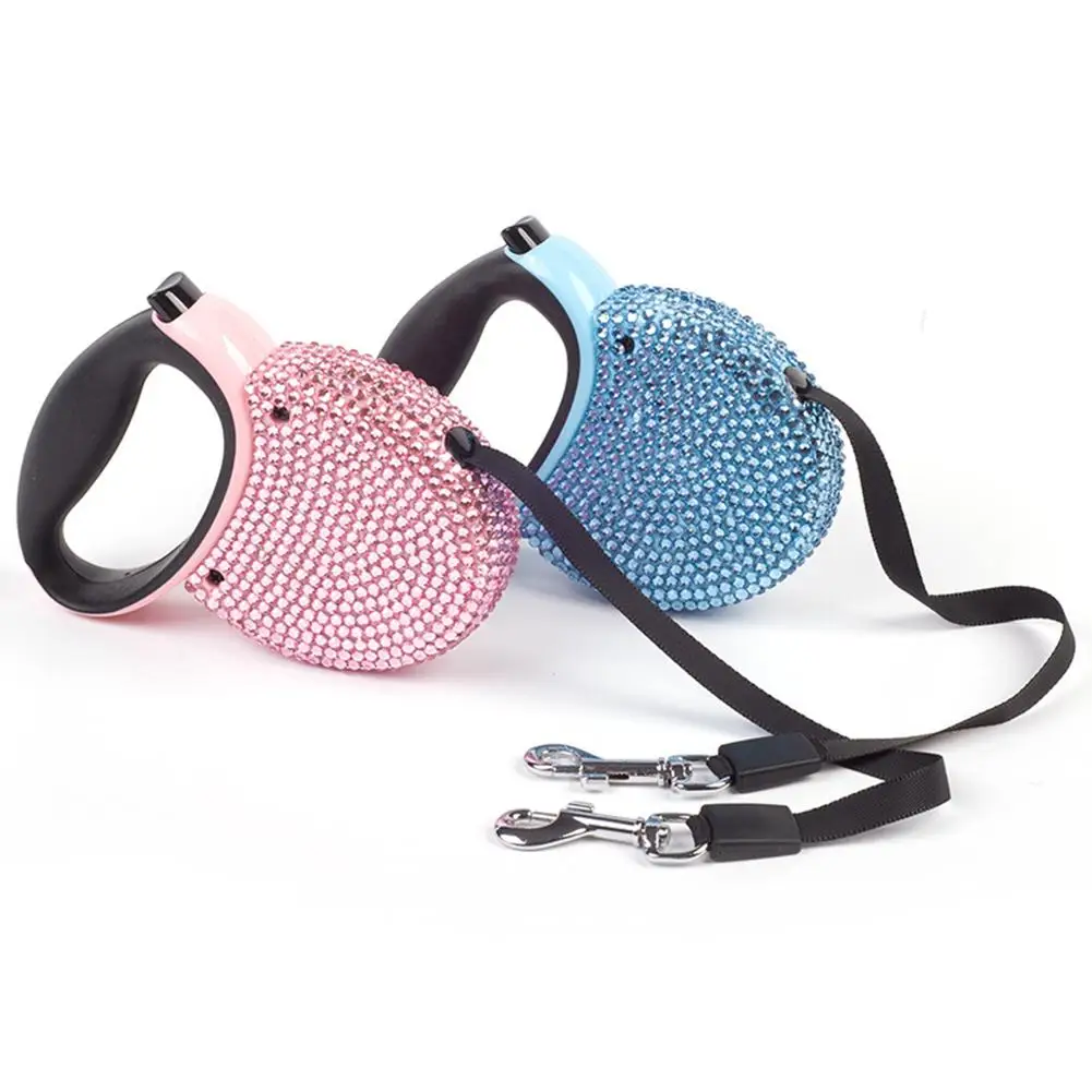

New Pet Retractable Leash With Rhinestone Bling Crystal Cat Puppy Dog Pink Blue 3M Flat Line DropShipping