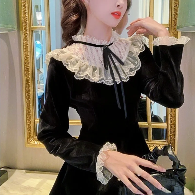 

Vintage Velvet Dress Women Long Sleeve Black Lace Y2k Dress Korean Fashion Elegant Sweet Dress Evening Party 2021 Autumn Retro