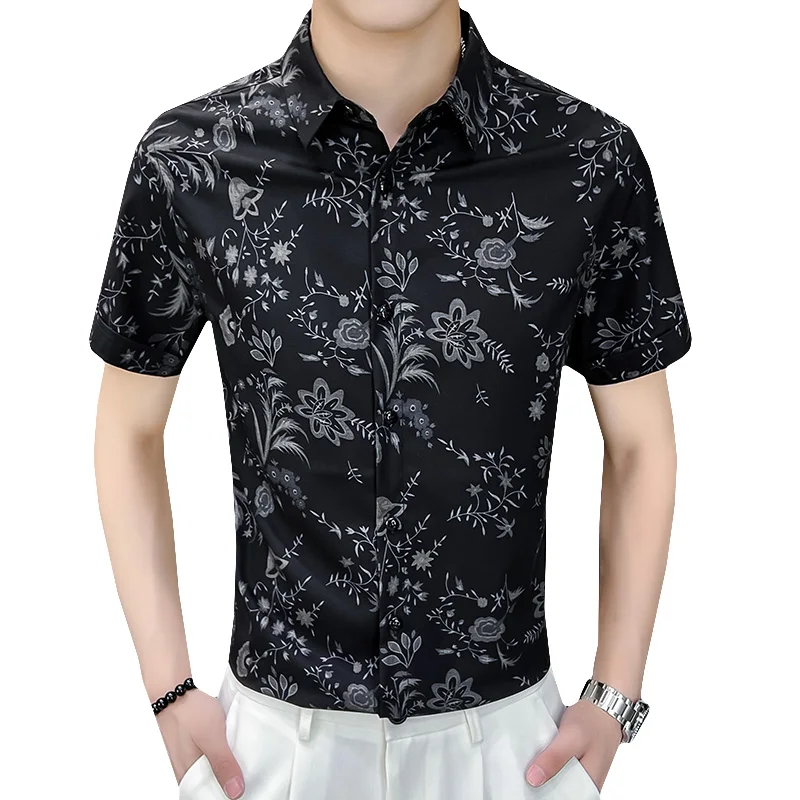 Flower Printed Shirts for Men 2022 Summer Short Sleeve Slim Casual Business Formal Dress Shirts Social Office Tops Men Clothing