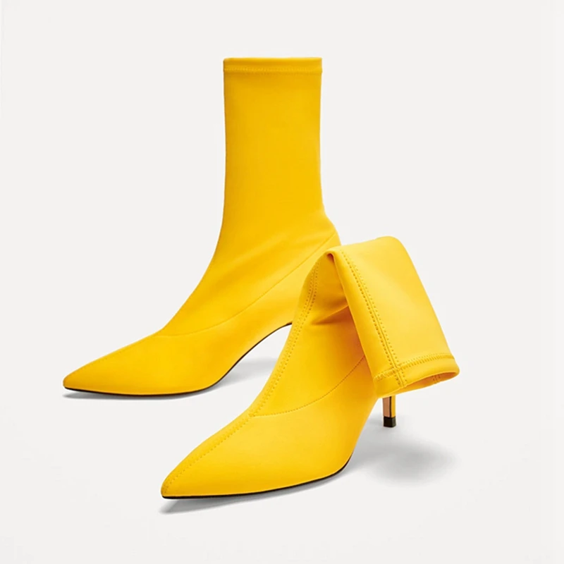 

2019 New women boots stretch mid-calf boots pointed toe women booties women shoes Solid color elastic cloth spring and autumn