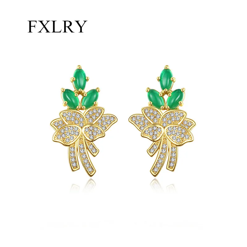 

FXLRY New Design White and Green Cubic Zircon Stud Flower Earring For Women Jewelry Accessories